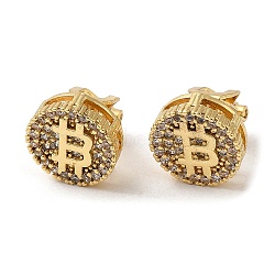 Rack Plating Real 18K Gold Plated Brass Bitcoin Shape Clip-on Earrings, with Cubic Zirconia, Long-Lasting Plated, Lead Free & Cadmium Free, Clear, 11.5x14mm(EJEW-B034-04G)