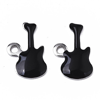 201 Stainless Steel Enamel Charms, Guitar, Stainless Steel Color, Black, 15x9x2mm, Hole: 1.6mm