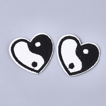 Feng Shui Computerized Embroidery Cloth Iron On Patches, Costume Accessories, Appliques, Heart with Yin Yang, Black & White, 30x34x1mm