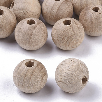 Natural Beech Wood Beads, Round Unfinished Wooden Beads, Undyed, Lead Free, PapayaWhip, 13.5~14x13mm, Hole: 3mm