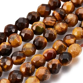 Faceted Grade A Natural Tiger Eye Round Bead Strands, Faceted, 4mm, Hole:0.8mm