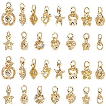 Elite 60Pcs 15 Style Electroplated Alloy Charms, Long-Lasting Plated, with Brass Jump Ring, Starfish & Butterfly & Flower, Golden, 9.5~15x6.5~10.5x2.5~3.5mm, Hole: 3.5mm, 4pcs/style