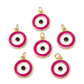 Brass Enamel Pendants, Long-Lasting Plated, Real 18K Gold Plated, Flat Round with Eye, Fuchsia, 14x11.5x1.5mm, Hole: 2.6mm