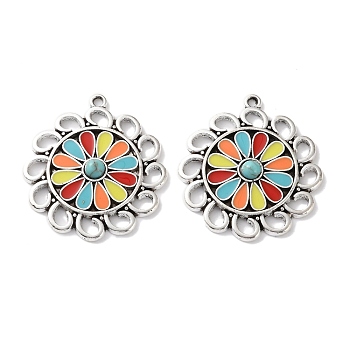 Bohemia Tibetan Style Alloy & Enamel & Synthetic Turquoise Pendants, Flower Charms, Antique Silver, Colorful, 32x29x4mm, Hole: 1.6mm