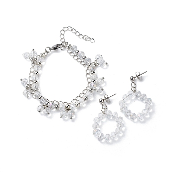 Glass Brided Beaded Dangle Stud Earrings & Multi-strand Bracelet, Brass Jewelry Set for Women, Clear AB, 170mm, 40mm, Pin: 0.6mm