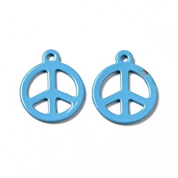 Spray Painted 201 Stainless Steel Pendants, Flat Round with Peace Sign Charm, Deep Sky Blue, 15x12.5x1mm, Hole: 1.4mm