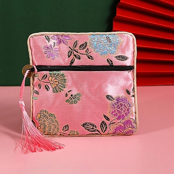 Floral Print Polyester Jewelry Storage Zipper Pouches, with Tassels, Square, Pink, 12x12cm
