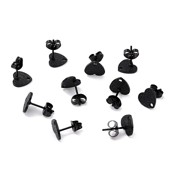 304 Stainless Steel Stud Earring Findings, with Ear Nuts, Textured Heart, Black, 8x9mm, Hole: 1.4mm, Pin: 0.7mm