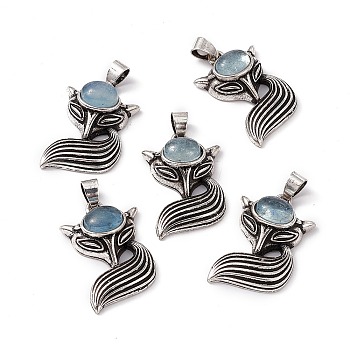 Natural Aquamarine Pendants, Fox Charms, with Antique Silver Color Brass Findings, 29x19x8mm, Hole: 4~5x3.5mm