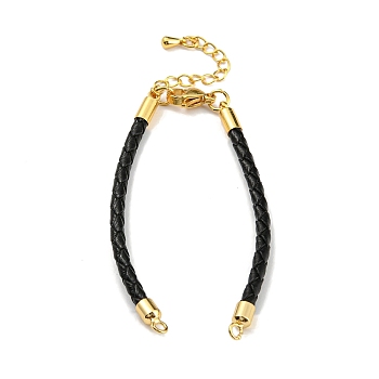 Leather Braided Cord Link Bracelets, Fit for Connector Charms, with Long-Lasting Plated Rack Plating Colden Tone Brass Lobster Claw Clasp & Chain Extender, Black, 6x1/8 inch(15.2cm), Hole: 2mm
