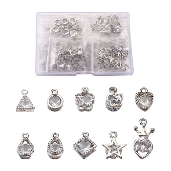 Rhombus Alloy Charms, with Cubic Zirconia, Platinum & Silver, 100pcs/box