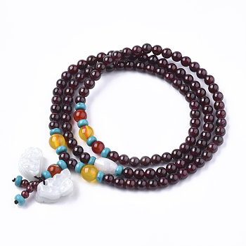 3-Loop Wrap Style Buddhist Jewelry, Natural Garnet Mala Bead Bracelets, with Jade Pendant, Stretch Bracelets, Round, 2 inch(5.2cm)