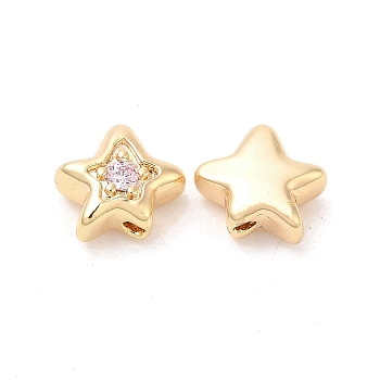 Brass Cubic Zirconia Beads, Star, Real 18K Gold Plated, Pink, 7x8x4mm, Hole: 1mm