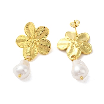 304 Stainlee Steel with Plastic Pearl Studs Earring, Flower, Real 18K Gold Plated, 45x22mm