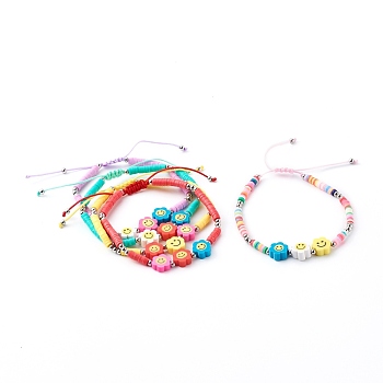 Adjustable Nylon Thread Braided Bead Bracelets, with Polymer Clay Heishi Beads, Flower with Smile Face, Mixed Color, 2~2-7/8 inch(5~7.2cm)