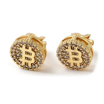 Rack Plating Real 18K Gold Plated Brass Bitcoin Shape Clip-on Earrings, with Cubic Zirconia, Long-Lasting Plated, Lead Free & Cadmium Free, Clear, 11.5x14mm