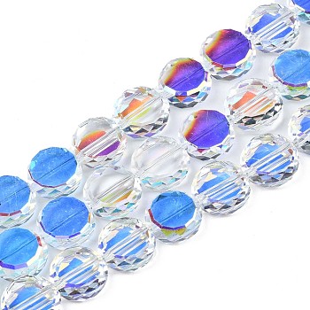 Electroplate Transparent Glass Beads Strands, AB Color Plated, Faceted, Flat Round, Clear AB, 12x5mm, Hole: 0.9mm, about 50pcs/strand, 22.44 inch(57cm)