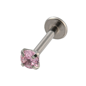 304 Stainless Steel Threaded Flatback Earrings, Cubic Zirconia Cartilage Earrings, Pink, 11x4mm, Flat Round: 3.5x3.5mm