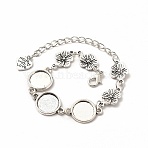 Alloy Bracelets & Anklets Making, Flower Link Bracelet with Heart Charm, Blank Cabochon Setting, Antique Silver, 9-5/8 inch(24.5cm), Round Tray: 12mm(MAK-M027-04AS)
