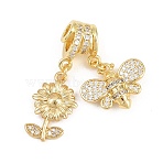 Spring Brass Pave Clear Cubic Zirconia Pendants, Flower Bee Charms, Rack Plating, Long-Lasting Plated, Lead Free & Cadmium Free, Real 18K Gold Plated, 31mm, Hole: 3mm and 4mm(KK-H268-13A-G)