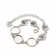 Alloy Bracelets & Anklets Making, Flower Link Bracelet with Heart Charm, Blank Cabochon Setting, Antique Silver, 9-5/8 inch(24.5cm), Round Tray: 12mm(MAK-M027-04AS)