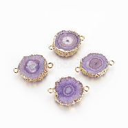 Natural Dyed Quartz Links connectors, with Brass Findings, Flat Round, Golden, Lilac, 24.5~33x16~23x4~6mm, Hole: 2~2.5mm(G-P399-A05)