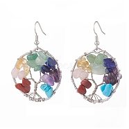Natural & Synthetic Mixed Gemstone Chips Braided Ring with Tree of Life Dangle Earrings, Brass Wire Wrap Jewelry for Women, Platinum, 51mm, Pin: 0.6mm(EJEW-JE04881-01)