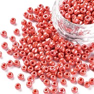 6/0 Glass Seed Beads, Opaque Colors Lustered, Round, Round Hole, Dark Orange, 6/0, 4mm, Hole: 1.5mm, about 500pcs/50g, 50g/bag, 18bags/2pounds(SEED-US0003-4mm-130)