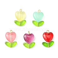 Heart Flower & Leaf Glass Pendants, with Golden Tone 304 Stainless Steel Loops, Mixed Color, 20x13.9x8mm, Hole: 2mm(PALLOY-JF02193)