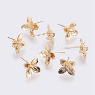Brass Stud Earring Findings, Long-Lasting Plated, Flower, Nickel Free, Real 18K Gold Plated, 10.5x11x3mm, Pin: 0.8mm(KK-I622-25G-NF)