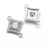 CZ Brass Micro Pave Cubic Zirconia Links, Clear, Cadmium Free & Nickel Free & Lead Free, Rhombus, Real Platinum Plated, 15x20x5mm, Hole: 1mm(ZIRC-L002-09P)