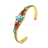 Tibetan Style Alloy Cuff Bangles, Bohemian Style Bangle for Women, with Synthetic Turquoise, Teardrop, Antique Golden, 1/4~5/8 inch(0.5~1.6cm), Inner Diameter: 2-1/2 inch(6.25cm)(BJEW-Q769-01AG)