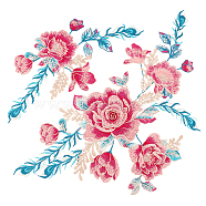 Peony Pattern Polyester Fabrics Computerized Embroidery Cloth Sew on Appliques, Costume Cheongsam Accessories, Camellia, 330~445x150~205x1mm, 2pcs/set(PATC-WH0001-94)
