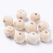 Unfinished Natural Wood European Beads, Large Hole Beads, for DIY Painting Craft, Laser Engraved Pattern, Round with Anchor Pattern, Antique White, 16x14.5mm, Hole: 4mm(WOOD-S057-001A)