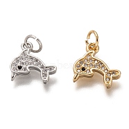 Brass Micro Pave Clear Cubic Zirconia Charms, Long-Lasting Plated, with Jump Ring, Dolphin Shape, Mixed Color, 11x12x1.5mm, Jump Ring: 5x1mm, 3mm Inner Diameter(ZIRC-C020-50)