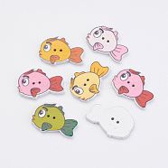 Wooden Buttons, 2-Hole, Fish, Mixed Color, 19.5x28x3mm, Hole: 1.5mm(X-BUTT-K005-30)