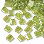 2-Hole Transparent Glass Seed Beads, AB Colours, Rectangle, Yellow Green, 5x4.5~5.5x2~2.5mm, Hole: 0.5~0.8mm(SEED-S023-29C-04)