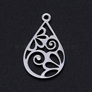 304 Stainless Steel Pendants, Filigree Joiners Findings, Laser Cut, teardrop, with Flower, Stainless Steel Color, 22x13x1mm, Hole: 1.4mm(A-STAS-S105-JN896-1)