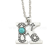 Letter A~Z Antique Silver Plated Alloy with Synthetic Turquoise Pendant Necklaces, with Iron Cable Chains, Letter K, 18.70 inch(475mm), Letter K: 26x26.5mm(NJEW-G080-01K)