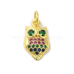 Brass Micro Pave Cubic Zirconia Pendants, Real 18K Gold Plated, Owl Charms, Colorful, 15.5x9x3mm, Hole: 3mm(KK-M283-24C-02)