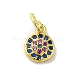 Brass Micro Pave Cubic Zirconia Charms, Real 18K Gold Plated, Flat Round Charms, Colorful, 9x7x2mm, Hole: 3mm(KK-M283-25D-02)