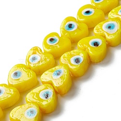 Handmade Evil Eye Lampwork Beads, Heart, Yellow, 14.5~15x15.5~16x6.5~7.5mm, Hole: 1~1.6mm, about 25pcs/strand, 14.02~13.66 inch(34.7~35.6cm)(LAMP-F021-02C)