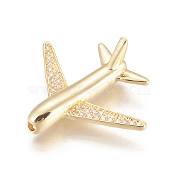 Brass Micro Pave Cubic Zirconia Airliner Beads, Long-Lasting Plated, Lead Free & Cadmium Free & Nickel Free, Passenger Airplane, Clear, Real 18K Gold Plated, 26.5x22x8mm, Hole: 1.6mm(X-ZIRC-L078-005G-NR)