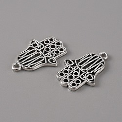 Tibetan Style Alloy Pendants, Hollow, Hamsa Hand/Hand of Miriam, Antique Silver, 26x18x1.5mm, Hole: 2mm(PALLOY-WH0101-16AS)