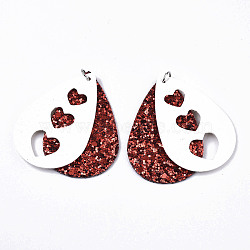 PU Leather Big Pendants, with Sequins/ Paillettes and Platinum Tone Iron Jump Rings, Teardrop with Heart, Dark Red, 56.5x37x3mm, Hole: 5mm(X-FIND-R084-07)