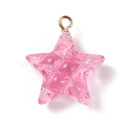 Transparent Resin Pendants, Star Charms with Light Gold Tone Alloy Loops, Hot Pink, 23x20.5x9.5mm, Hole: 2mm(RESI-Z016-02D-LG)