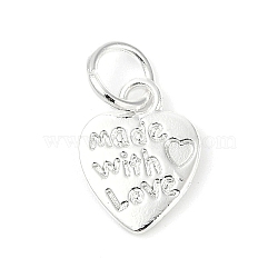 Alloy Charms, Heart with Word Made with Love, Long-Lasting Plated, Rack Plating, with Jump Ring, Silver, 12x9.5x1mm, Hole: 4mm(FIND-H012-04S)