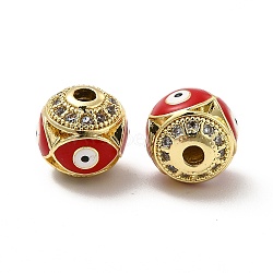 Brass Micro Pave Cubic Zirconia Beads, Round with Enamel Evil Eye, Real 18K Gold Plated, Red, 10x9.5mm, Hole: 1.6mm(KK-E068-VB153-3)