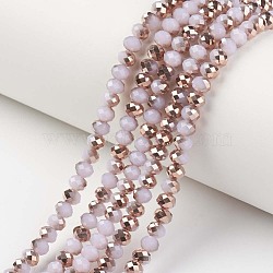 Electroplate Glass Beads Strands, Imitation Jade, Half Copper Plated, Faceted, Rondelle, Pink, 3.5x3mm, Hole: 0.4mm, about 123~127pcs/strand, 13.7~14.1 inch(35~36cm)(EGLA-A034-J3mm-N01)