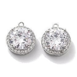 Brass Micro Pave Cubic Zirconia Pendants, with Glass, Flat Round Charms, Real Platinum Plated, 15x13x7mm, Hole: 1.2mm(KK-M102-40P)